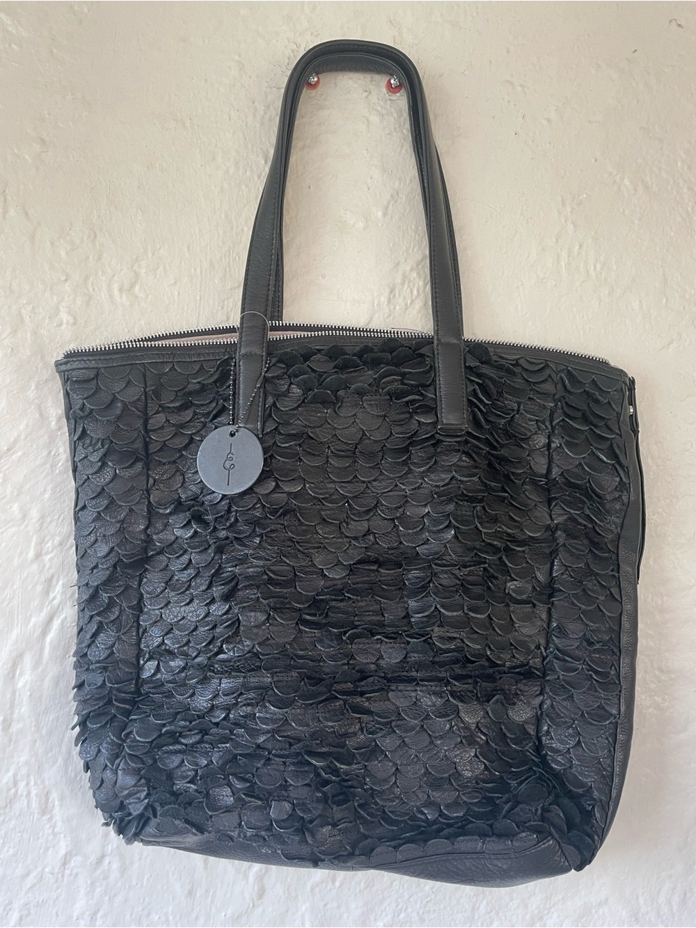 Day & Mood Jamie Tote Bag Purse Genuine Leather Scalloped Black 14" x 14"